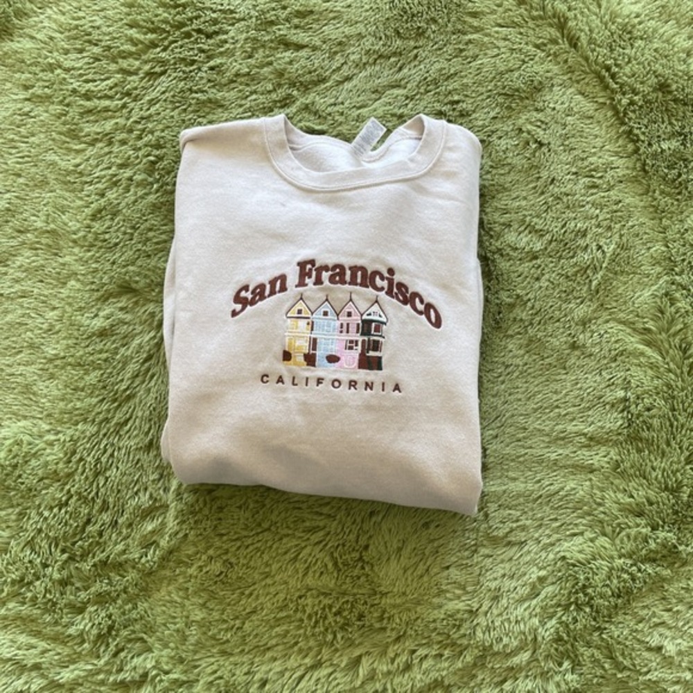 Vtg Inspired San Francisco California Multi Colored Houses Cream‎ Tan Sweater Xl